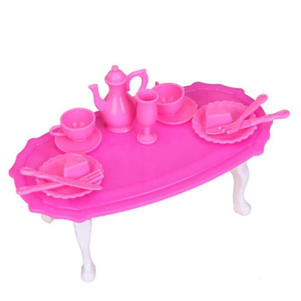 Matsalsmöbel Matbord Set För Barbie Docka Chockerande Rosa Vit