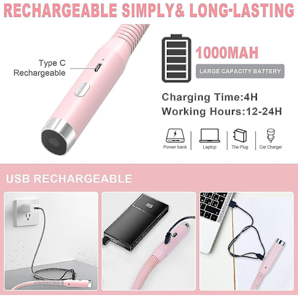360 hopfällbar nackläslampa, 3 färger uppladdningsbar LED-bokläslampa i sängen, 1000mah nacklampa för läsning, stickning, reparation Pink