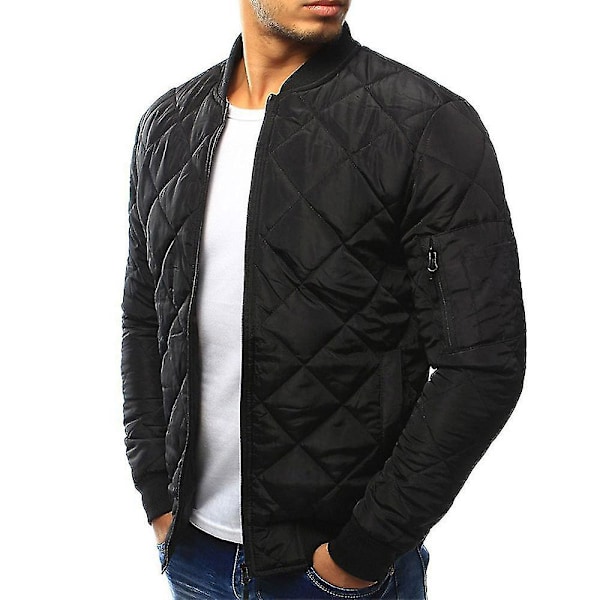 Herr Quiltad Vadderad Pufferjacka Bomber Vinter Varm Dragkedja Upp Rock Black L