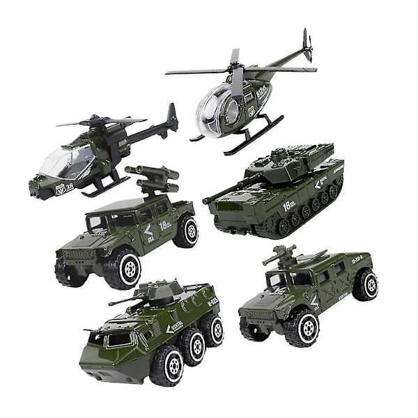 6 stk 1:87 Legering Glidbil Modellsett Legering Militær Kjøretøy Mini Die-Cast Bil Leke Sett Helikopter Tank Panserbil For Barn Gutter