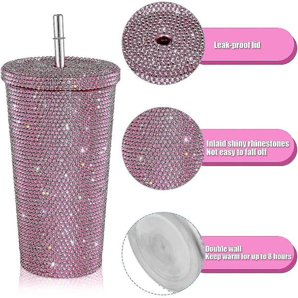 Bling Diamant Tumbler Glitter Vandflaske Med Låg - Pink