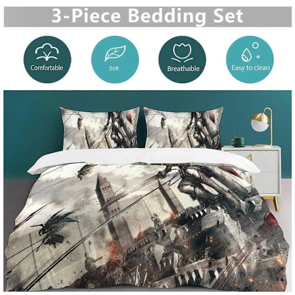v1156 Attack On Titan Täcke Set Tjockt Mjukt 3 Delars Sängklädesset Året Runt Täcke med 2 Örngott för Vuxna Kvinnor Flickor Tonåringar Hem Rum Deco 135x200cm 53x78in