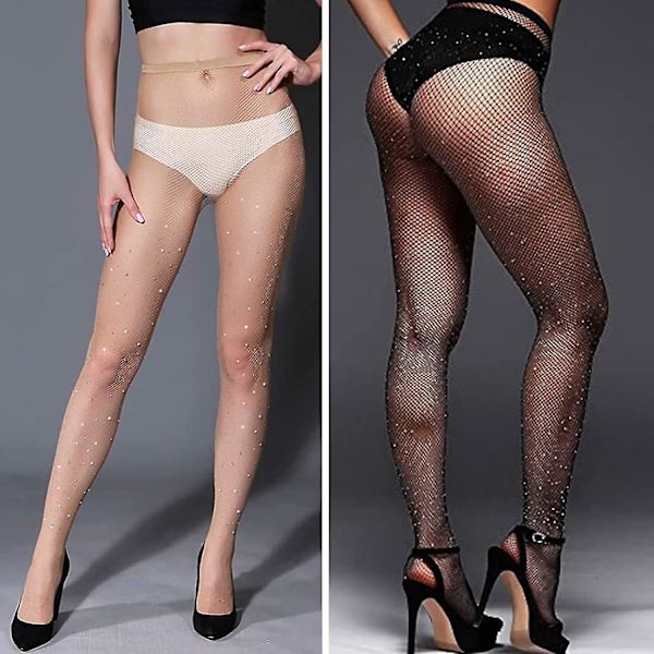 2 st Kvinnors Diamanter Fisknät Strumpbyxor Svart,rhinestones Fisknät Strumpbyxor Glitter Strumpbyxor Kvinnors Mesh Hög Midja Tight Glittrande Rhinestone Fisknät Tigh