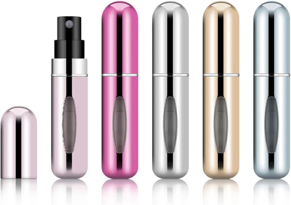 Set med 5 påfyllningsbara parfymatomizers, 5 ml reseflaskor, små påfyllningsflaskor för bagage, handväskor och förvaringspåsar.