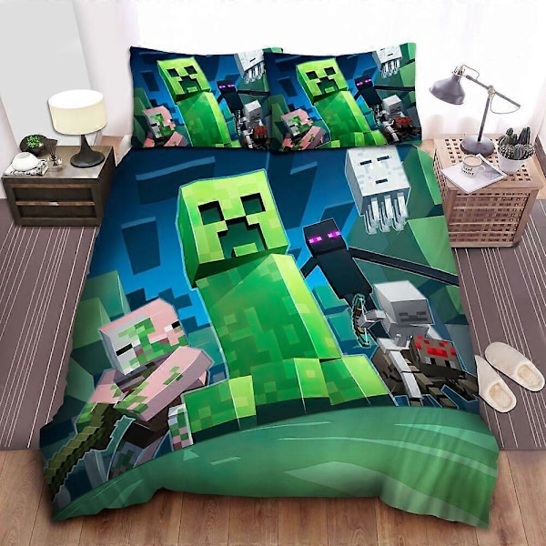 v446 Sengetøy Minecraft Monster Illustrasjon Sengetøysett: Dynetrekk & Sengeteppe 3-delt Sengetøysett (1 Dynetrekk + 2 Putetrekk) y446 135x200cm 53x78in