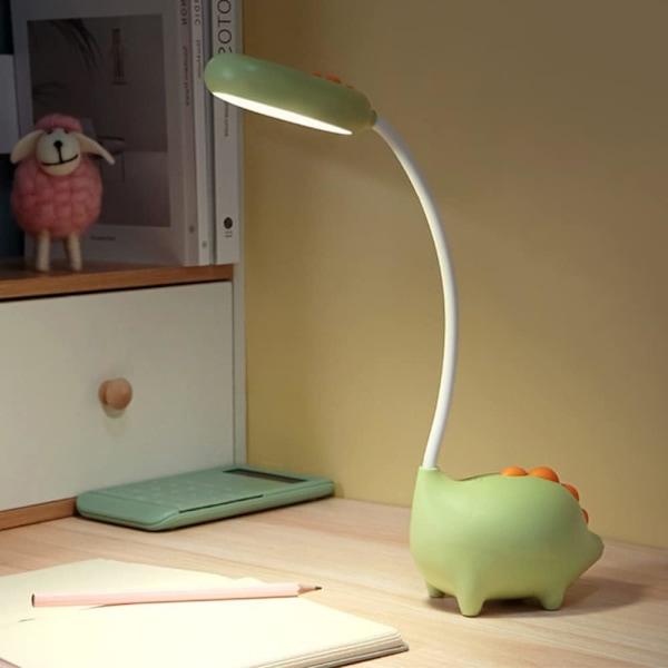 Dinosaur-barnelampe for barn, oppladbar bordlampe med dimbar nattbordslampe med USB LED-øyevern lesebordlampe (grønn)