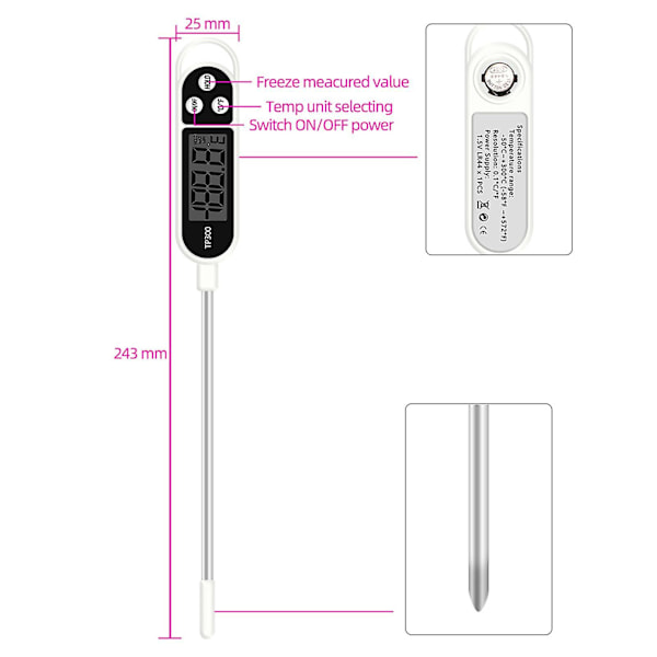 Tp300 Termometer Pen - Stabil Mätning, Livsmedelskvalitet, Bärbar Digital Mattermometer för Hemmet Jiyuge-hao Black With White