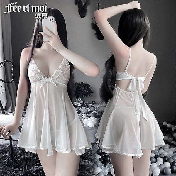 Av Actress Bed Uniform Nightgown Sleepwear Underwear Sexy Lingerie Sling Lace Embroidery V-neck Sex Nightdress Lenceria Femenina One Size White