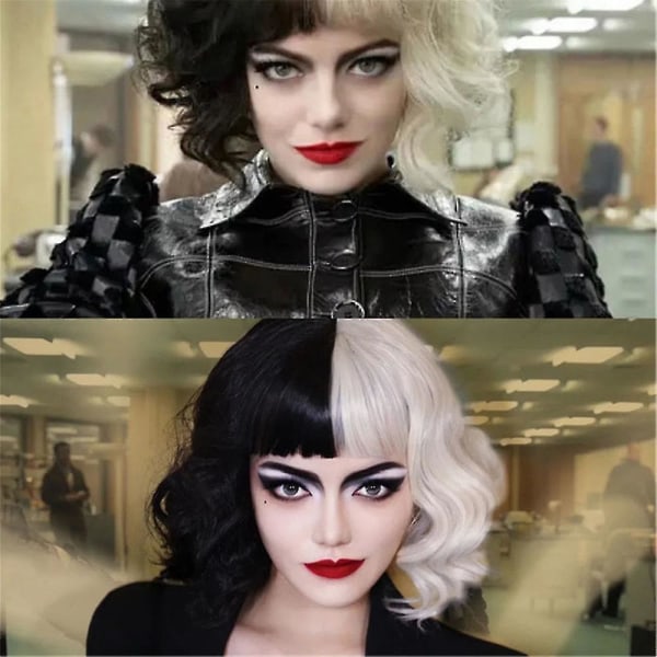Cruella Devil Cosplay Paryk Halv Sort Og Hvid Til Kvinder Cosplay Tilbehør, Kort Bølget Bob Halloween Paryk Med Pandehår