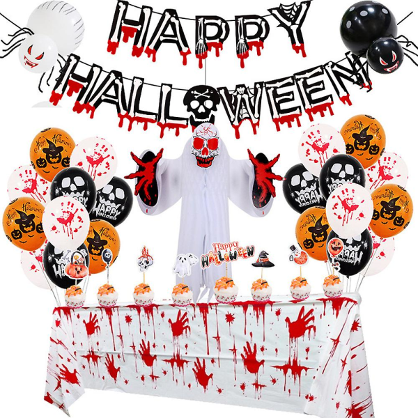 Skummel blodig hodeskallefestartikler Happy Halloween Banner Ballonger Kit Duk Cupcake Toppers Skumle dekorasjoner Sett