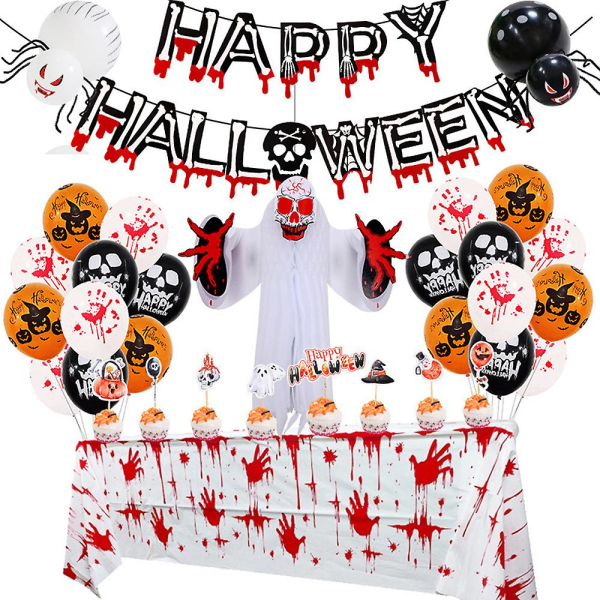 Spooky Bloody Skull Festartikler Happy Halloween Banner Balloner Sæt Dug Cupcake Toppers Uhyggeligt dekorationssæt