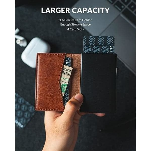Credit Card Holder Leather Wallet RFID Blocking Automatic Pop-Up