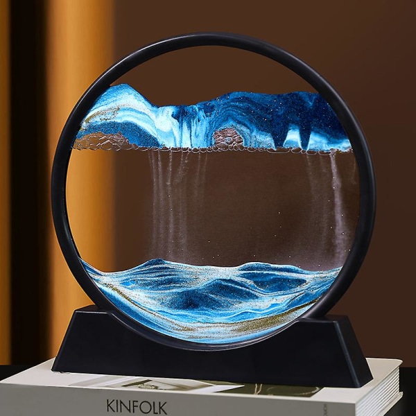 Liikkuva hiekka taidekuva pyöreä lasi 3d luonnollinen maisema virtaava hiekkakehys tiimalasien sisustus Blue 12in
