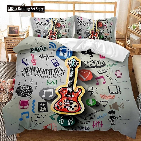 v1259 Sengetøy Gitar Dynetrekksett Twin Rock Musikk Dynetrekksett Hip Hop Hippie Dynetrekk Blå Gitar Polyester Sengetøysett For Tenåring 3-Deler 200x200cm 78x78in