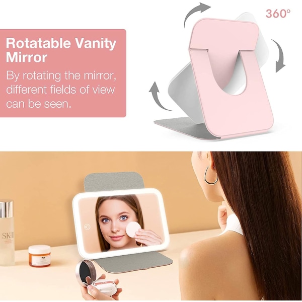 Resespegel med LED-belysning, bärbar smink spegel med LED-belysning, 360 graders roterande touch screen fåfänga spegel Pink