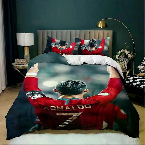 v1194 Sängkläder - Påslakanset Ronaldo Fotbollsstjärna Tryckt Sängklädesset för Pojkar och Flickor, Mjukt och Andningsbart Täcke, Enkel Storlek Present 3-Delar 135x200cm 53x78in