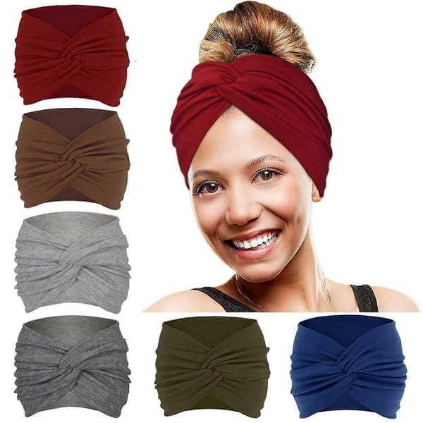 Brede vridd knute-hårbånd for kvinner, 6-pakning elastiske myke turban-hårtilbehør