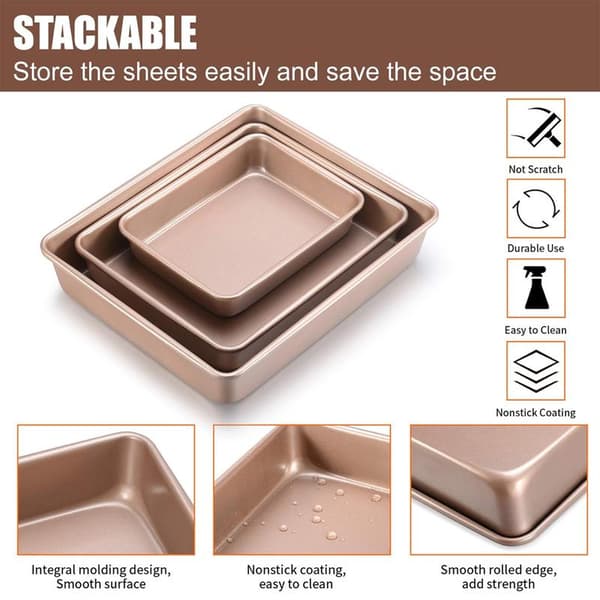 Grunt Bageplader Sæt Non-stick, Rektangulær Kageform, Stabelbart Bagepladesæt med 3, Ovnforme til Bagning, Guld (9'/11'/13') Shallow Baking Pans