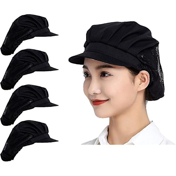 Set med 4 kockhattar - Vuxen kök matlagning hårnät Semi andningsbar mesh mat servering hattar black