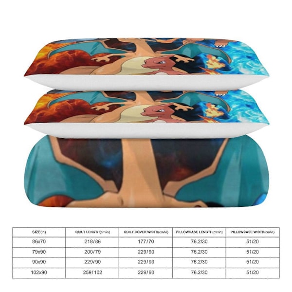 v108 Sengetøj Pokmon Charizard 3-delt sæt Full/Queen Size - Vendbare mikrofiberdyner med pudebetræk Blødt letvægts sengetæppe C 135x200cm 53x78in
