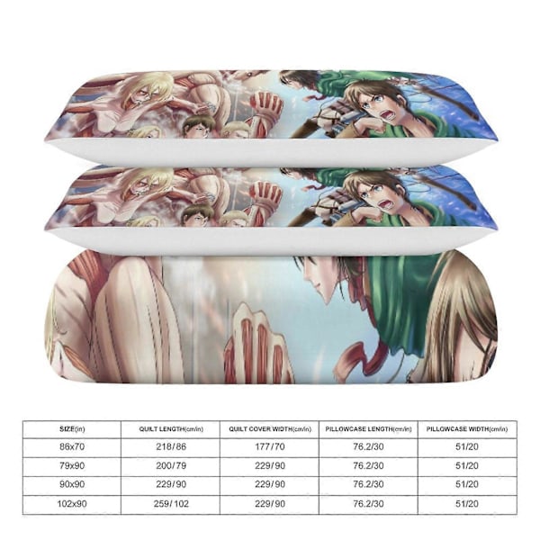 v1281 Attack On Titan Dynesett Tykkere Mykt 3 Deler Sengetøy Sett Helårs Dynetrekk med 2 Putetrekk for Voksne Kvinner Jenter Tenåringer Hjem Rom Deco 135x200cm 53x78in