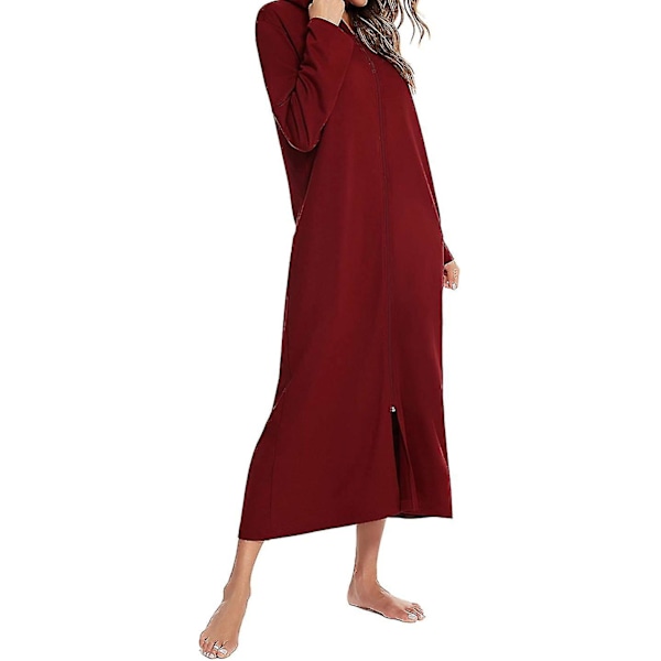 Kvinde Lang Robe Hætte Badekåbe Lynlås Op Duster Fuld Længde Solid Red XXL