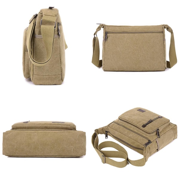 Herr Retro Canvas Messenger Bag Axelväska Crossbody Väska Multi Fickor Handväskor Khaki