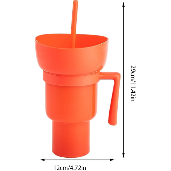 Snack og drikkekopp 2 i 1, stadionbeger, snackkoppskål med sugerør, gjenbrukbar snack- og drikkekopp, sprutsikker lekkasjesikker bærbar snackkopp, 2-lags Orange