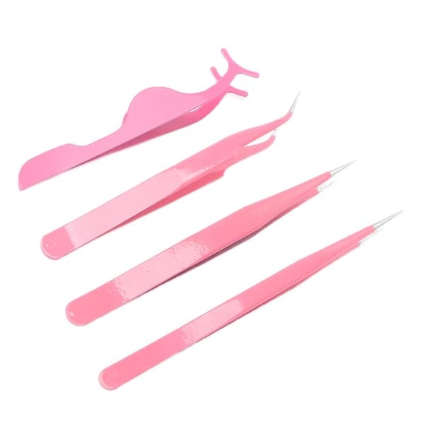 4pcs Eyelash Tweezers Set Stainless Steel Straight Curved Tip False Eyelashes Applicator Tool Pink