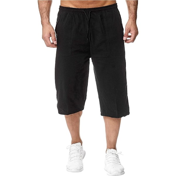 Herr bomull linne shorts sommar casual lös passform shorts cargobyxor XL Black