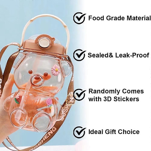 Søte Vannflasker med Sugerør, 3D Søte Klistremerker og Justerbar Stropp, Kawaii Bjørn Vannflaske for Barn Kvinner Jenter Clear 32 oz