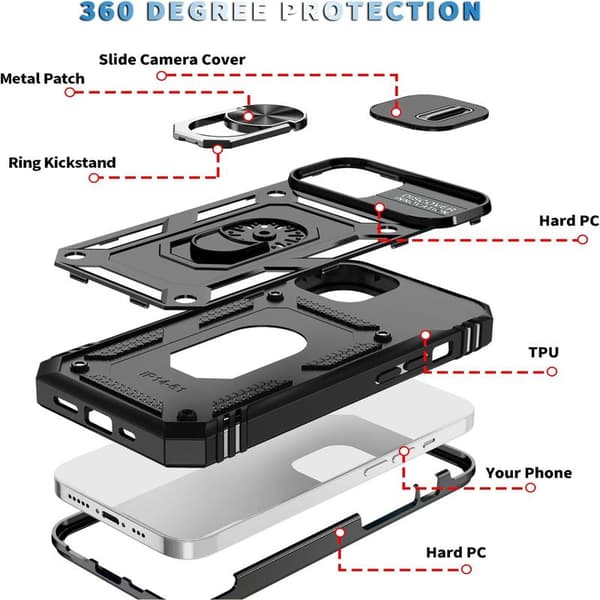 (Sort) 1. iPhone 15 Cover, Kamerahus med Roterende Ringholder til Apple iPhone 15