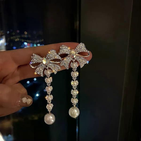Koreanska eleganta strass-rosettörhängen för kvinnor flickor mode lång tofs pärlpendlar bröllopsfest smycken 2