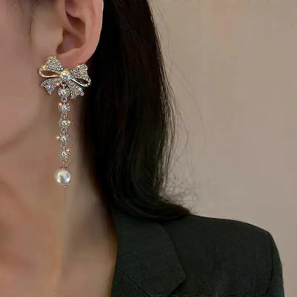 Koreanska eleganta strass-rosettörhängen för kvinnor flickor mode lång tofs pärlpendlar bröllopsfest smycken 2