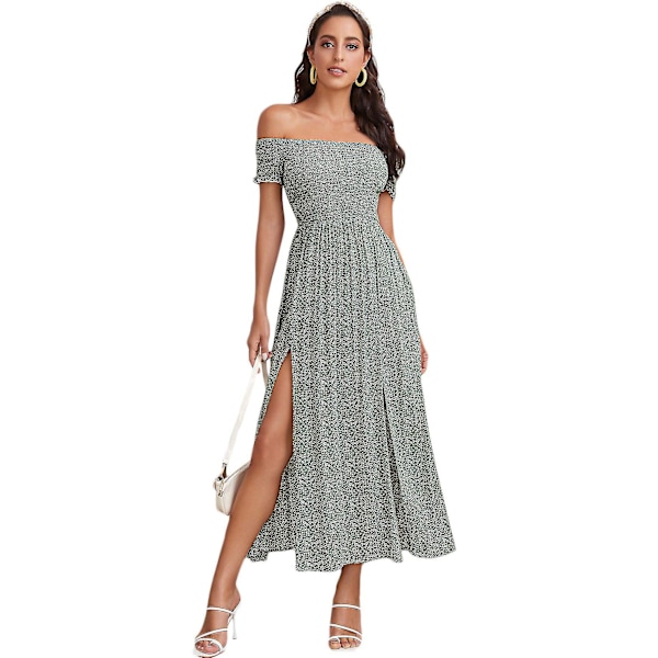 Kvinders Boho Blomsterprint Off Shoulder Split Lang A-Linje Kjole