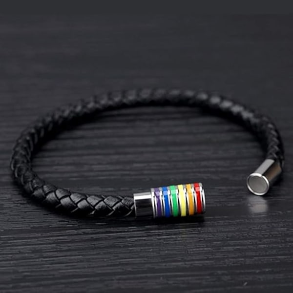 Flettet læderarmbånd sort armbånd, rustfrit stål, regnbuearmbånd LGBT stolthed Happy Pride, mænd kvinder unisex