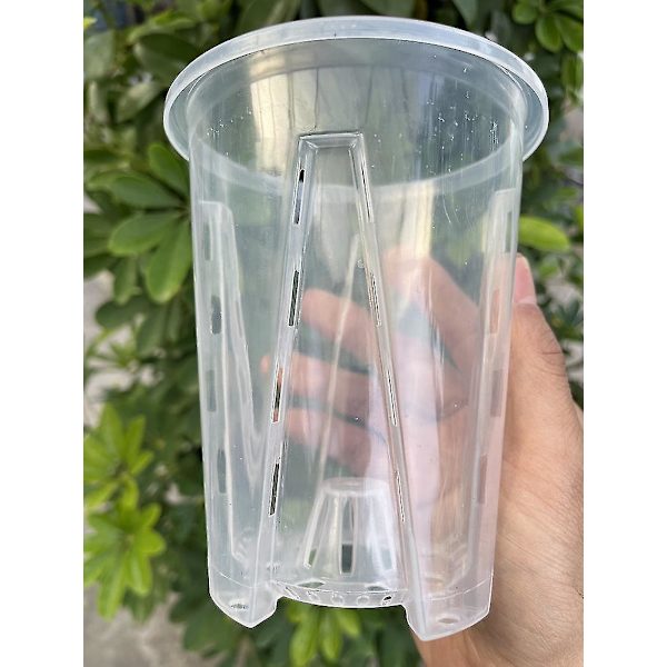Set med 2 krukor Diameter 14 cm i transparent plast för orkidéer, styva vaser med dräneringshål och fat, tillbehör för odling av växter och blommor
