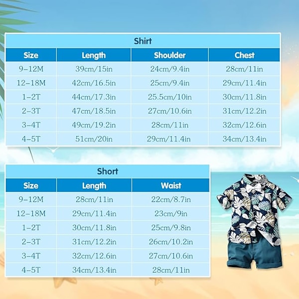 Baby Boy Hawaiian Set Bomullsskjorte og Shorts Set for Boys Sommer Strandklær med Tropiske Blomster 100CM Blue