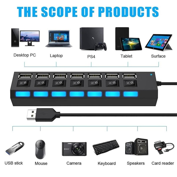 7-portars USB-hubb med hög hastighet, multidelare, expansionsströmadapter för PC-bärbar dator black 7 Port