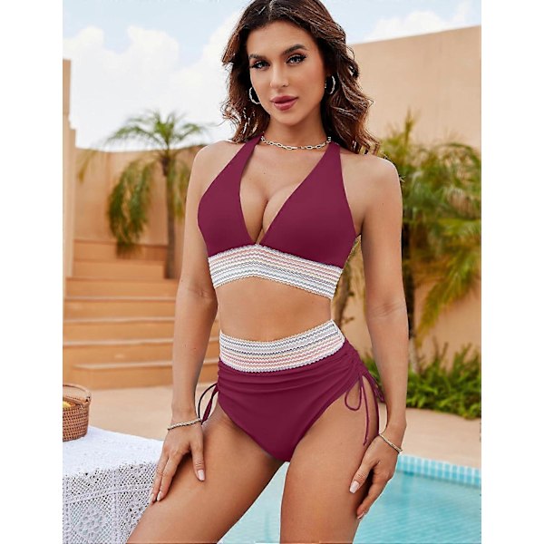 Högmidjade Bikinis för Kvinnor, Tummy Control, Färgblock, Tvådelad, Snörning Red M