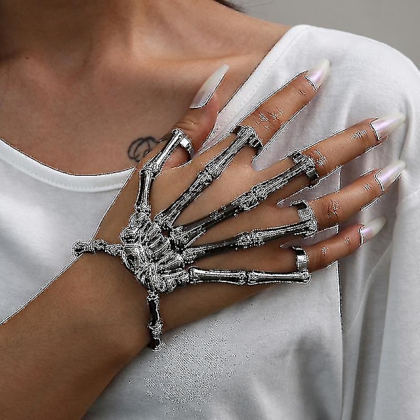 Halloween Armbånd til Kvinder Gothic Punk Hånd Skalle Skelet Elastisk Armbånd 2 stk Guld + Sort Bd-YUHAO