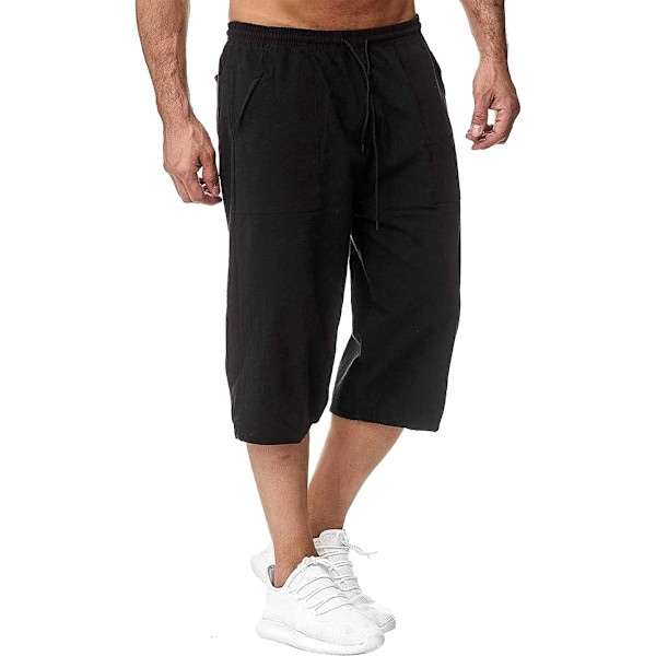 Herr Bomull Linne Shorts Sommar Casual Lös Passform Shorts Cargo Byxor XXL Black