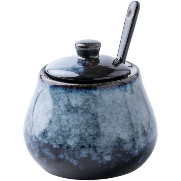 Antik keramisk sockerskål saltskål med lock och sked 8 oz kryddning (gråblå) kryddburk