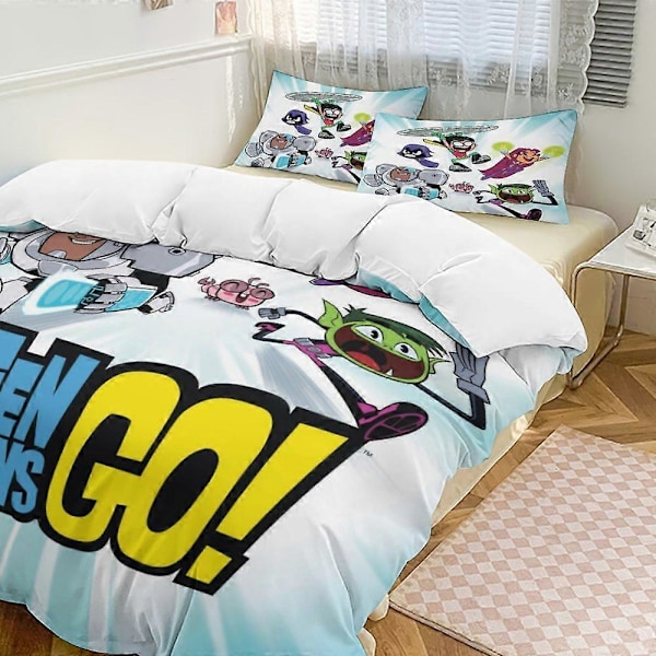 x377 Teen Titans Go 3-osainen vuodevaatesetti Lämmin ja mukava pehmeä pussilakanasetti, jossa 1 pussilakana ja 2 tyynyliinaa makuuhuoneeseen b377 135x200cm 53x78in
