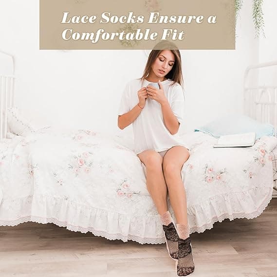 Pakke med 10 par gennemsigtige blondestrømper, Pop Socks til kvinder, tynde og elastiske absorberende og åndbare netstrømper, størrelser 3 til 7.