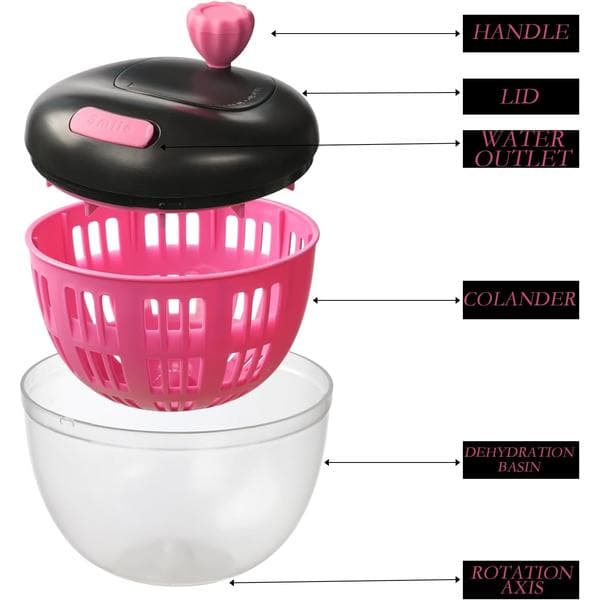 Black & Pink Fruit Washing Container with Lid & 360° Rotating Handle - Berry Strainer, Colander & Refrigerator Storage Bowl for Kitchen