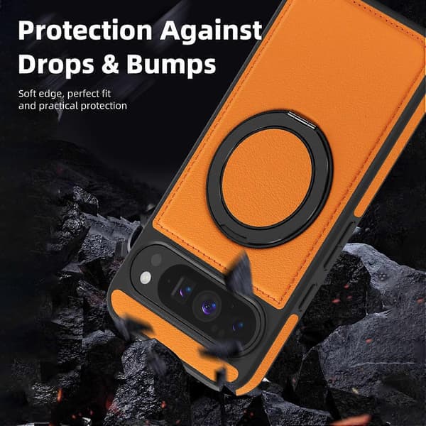 Compatible with Google Pixel 10 Pro XL Case with Ring Stand Compatible with MagSafe PU Leather Back Orange Orange Orange