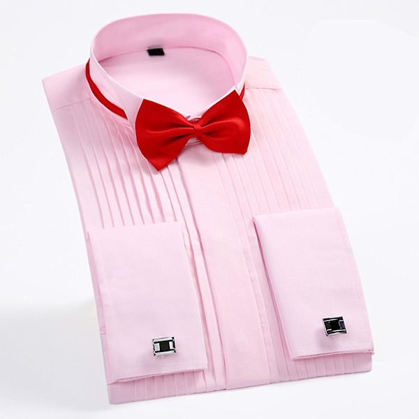 Bryllups smoking skjorte med snipp krave med sløyfe plisserte skjorte mansjettknapper lang ermet vanlig topp for menn Pink 42