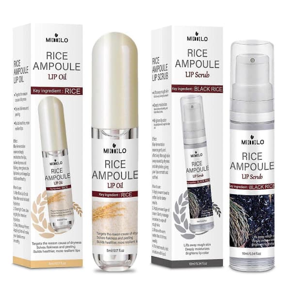 Risampul Duo til læbepleje - Sort risampul læbescrub + Hvid risampul læbeolie - Eksfolierende scrub til tørre læber for blødere, glattere og fugtede læber 2 Set