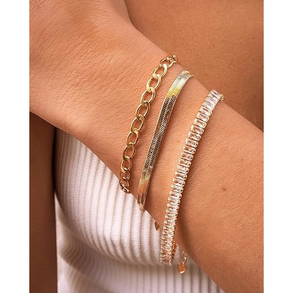 Slankekjede Armbånd for Kvinner Jenter 14K Gullbelagt Justerbar 5MM Flat Fleksibel Sildbenslenke Armbånd Sjarmerende Minimalistisk Smykker for Gave 7